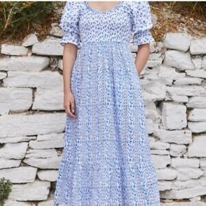 Tuckernuck Pink City Prints Floral Blue Smocked Bodice Dress Sz S